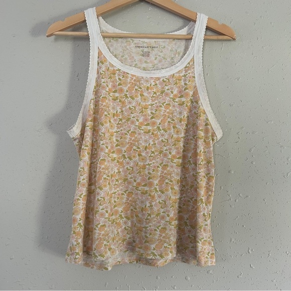 American Eagle Outfitters Floral Tank Top Cream Orange Lightweight Summer Ribbed - Picture 1 of 5